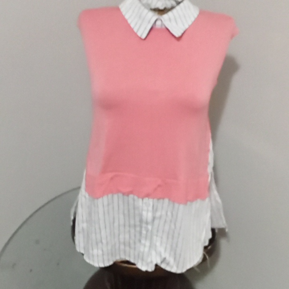 Chic Pink and White Women's Collared Blouse
